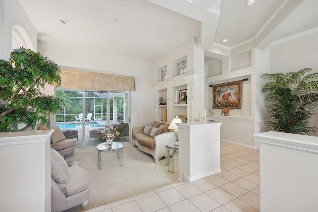 tiled living room with built in shelves