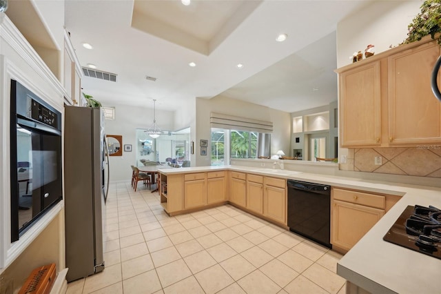 kitchen with decorative backsplash, light brown cabinets, kitchen peninsula, black appliances, and light tile patterned floors