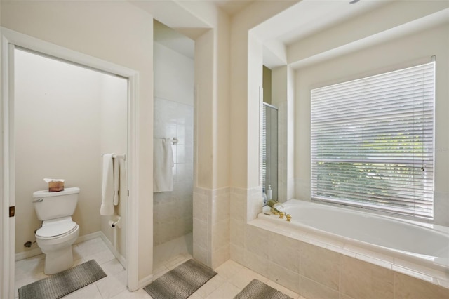 bathroom featuring independent shower and bath, toilet, and tile patterned floors