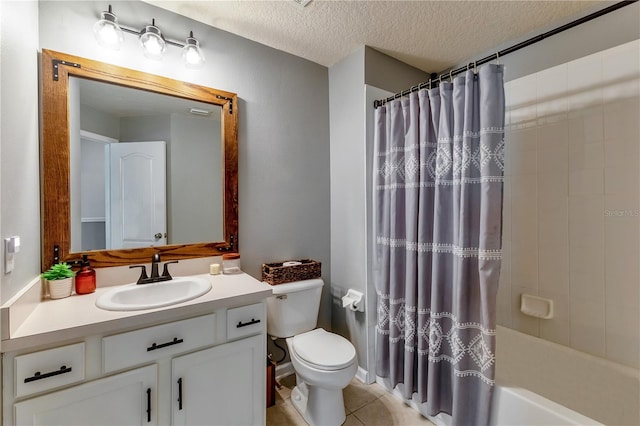 full bathroom featuring a textured ceiling, shower / bathtub combination with curtain, tile patterned floors, vanity, and toilet