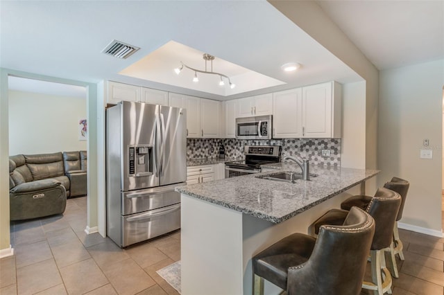 kitchen with visible vents, a raised ceiling, a peninsula, stainless steel appliances, and a sink