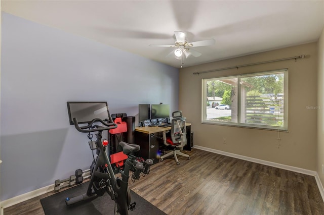 office with ceiling fan, baseboards, and wood finished floors