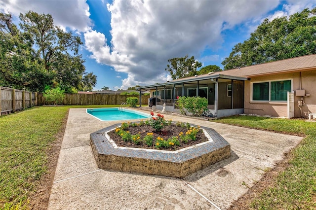 view of swimming pool featuring a fenced in pool, a sunroom, a fenced backyard, and a lawn