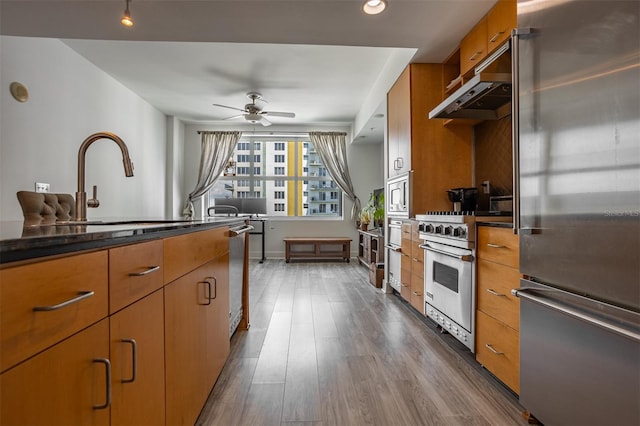 kitchen featuring premium appliances, ceiling fan, hardwood / wood-style floors, and sink