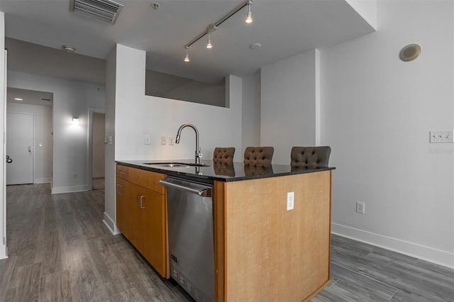 kitchen with rail lighting, dark hardwood / wood-style floors, sink, and stainless steel dishwasher