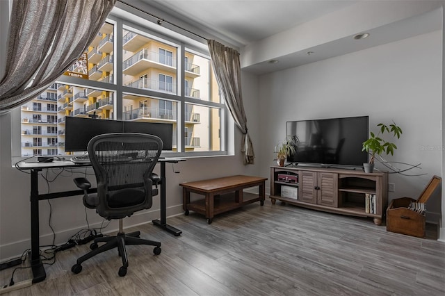 home office with hardwood / wood-style flooring