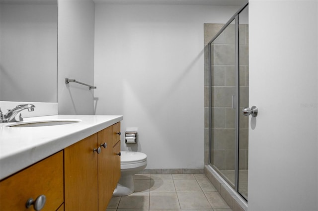 bathroom with walk in shower, vanity, toilet, and tile patterned floors