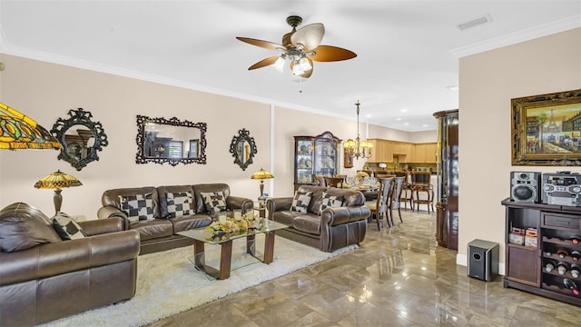 living room featuring ceiling fan with notable chandelier and crown molding