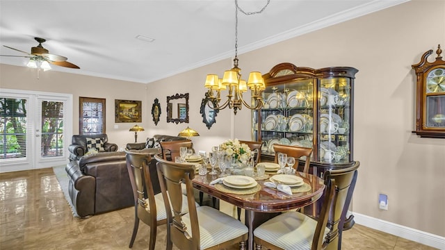 dining area with ceiling fan with notable chandelier, light tile patterned flooring, and crown molding