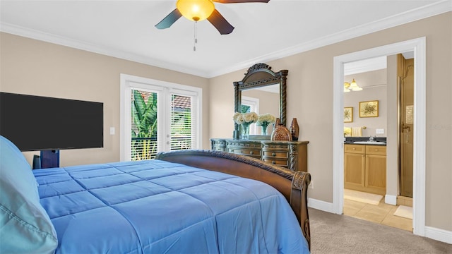 carpeted bedroom featuring ceiling fan, access to outside, connected bathroom, sink, and crown molding