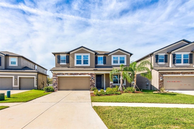 craftsman inspired home featuring a garage and a front yard