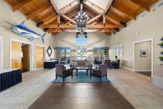 living room featuring wood ceiling, beamed ceiling, and high vaulted ceiling