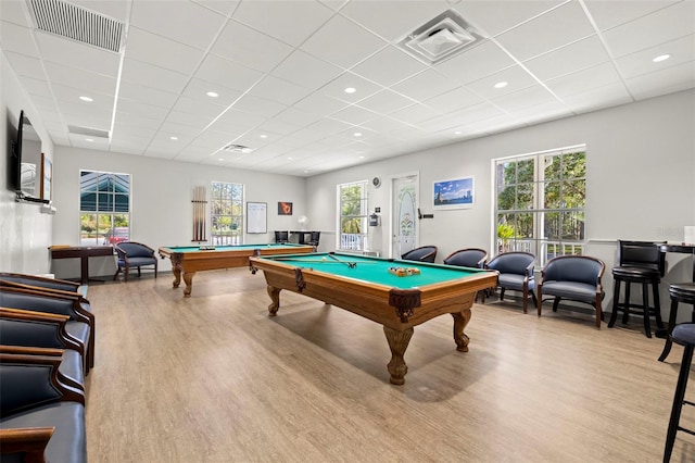 game room featuring a drop ceiling, light hardwood / wood-style flooring, and billiards