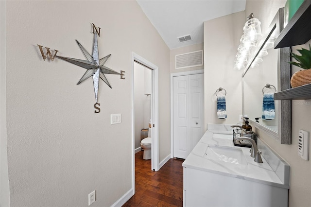 interior space featuring vaulted ceiling, dark hardwood / wood-style floors, and sink