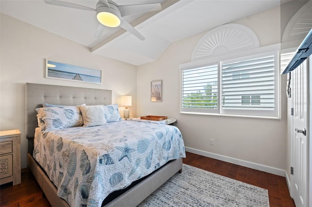 bedroom with ceiling fan and dark hardwood / wood-style flooring