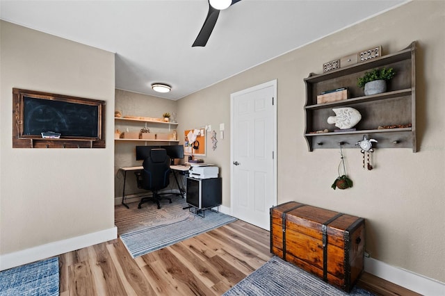 office space featuring wood-type flooring and ceiling fan