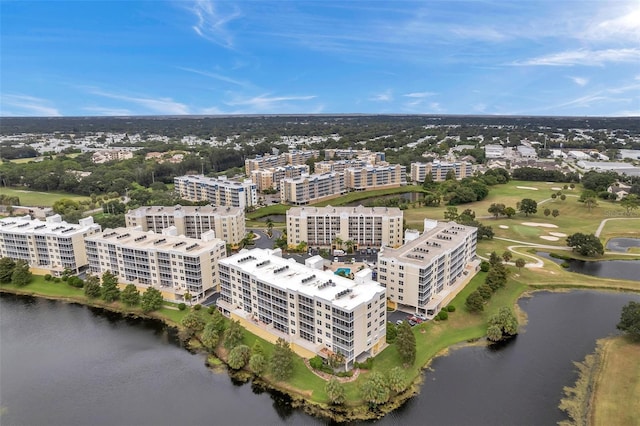 drone / aerial view with a water view