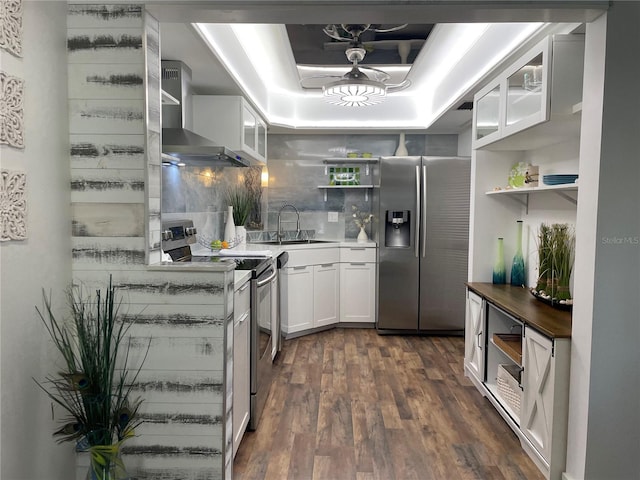 kitchen with stainless steel appliances, a raised ceiling, wall chimney range hood, and open shelves