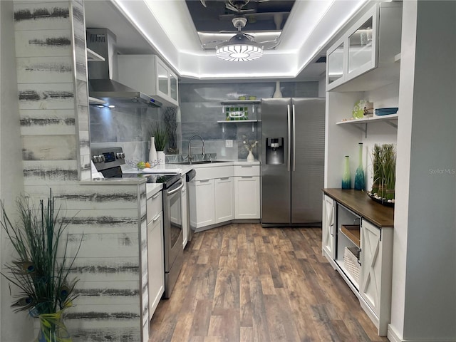 kitchen featuring sink, wall chimney exhaust hood, stainless steel appliances, a raised ceiling, and white cabinets