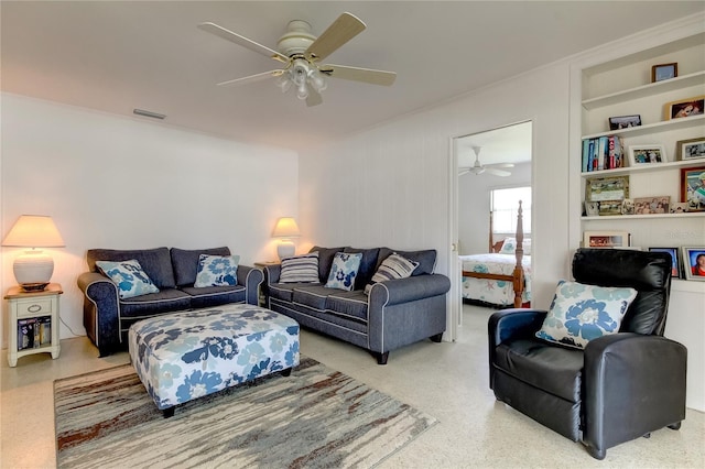 living room featuring ceiling fan