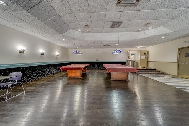 misc room with a drop ceiling and billiards