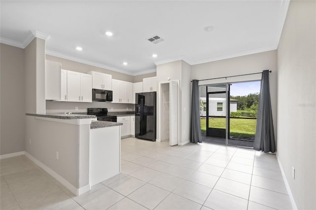 kitchen featuring black appliances, kitchen peninsula, white cabinetry, and ornamental molding