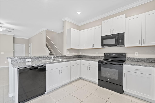 kitchen with ceiling fan, sink, white cabinetry, black appliances, and crown molding