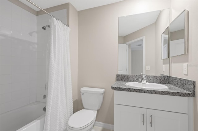 full bathroom with shower / tub combo, vanity, and toilet