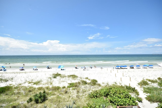 view of water feature with a beach view