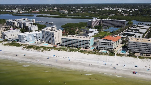 drone / aerial view with a water view