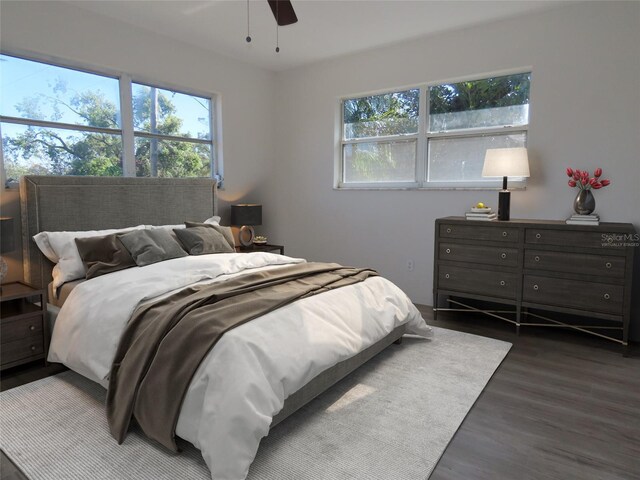 bedroom featuring ceiling fan, dark wood-type flooring, and multiple windows