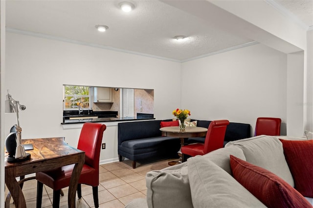 living room featuring crown molding, a textured ceiling, and light tile patterned floors