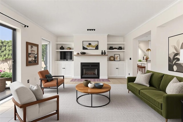 5313 Bayshore Blvd Unit 5313, Tampa, FL 33611 - living room featuring crown molding, built in features, and a fireplace with flush hearth