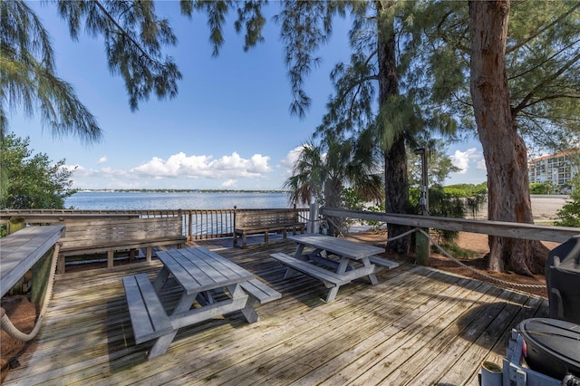 wooden terrace featuring a water view