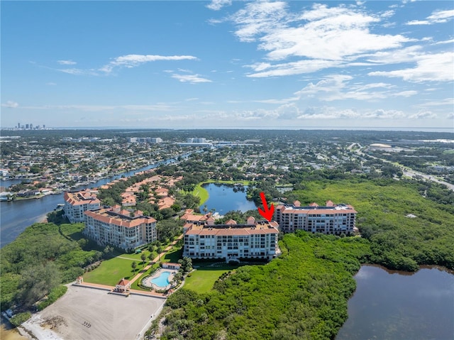 birds eye view of property featuring a water view