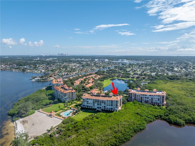 drone / aerial view featuring a water view