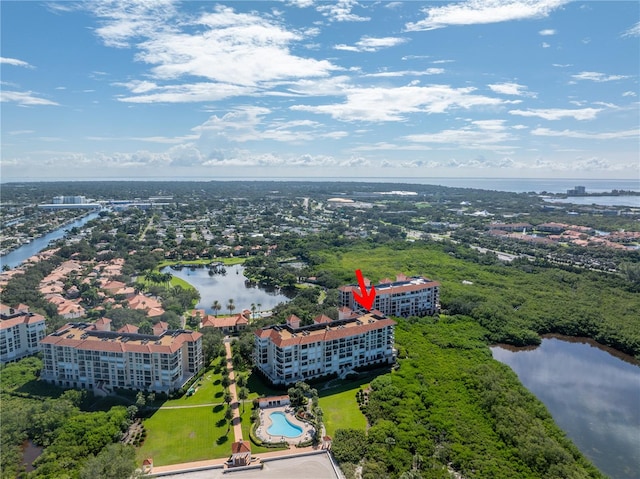 drone / aerial view featuring a water view