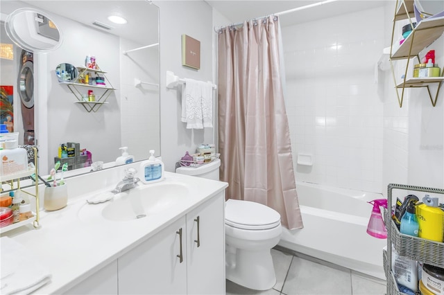 full bathroom featuring toilet, tile patterned flooring, shower / bath combination with curtain, and vanity