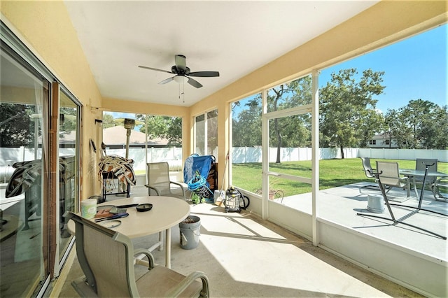 sunroom / solarium with a wealth of natural light and ceiling fan