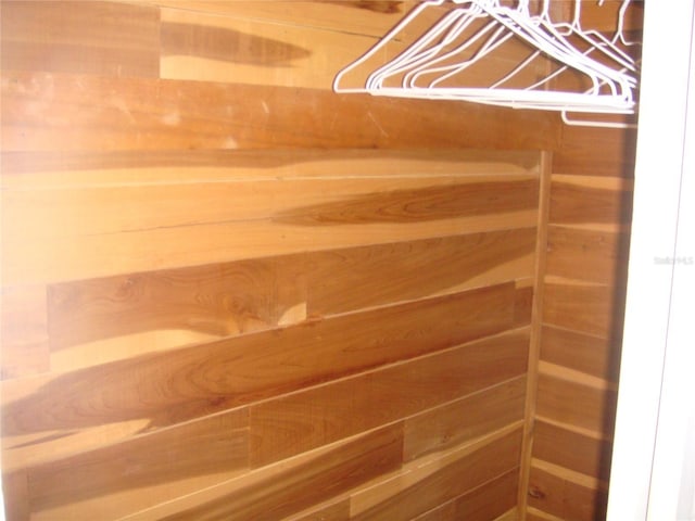 interior space featuring wooden walls