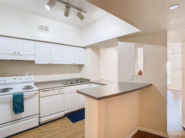 kitchen featuring white cabinets, white appliances, kitchen peninsula, and sink