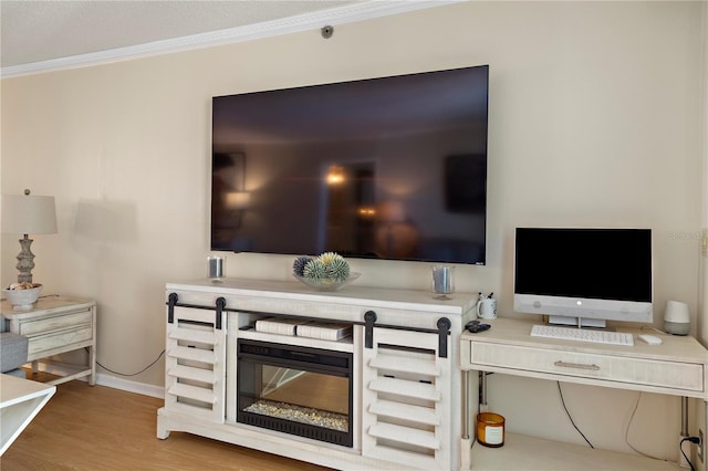 interior space featuring a textured ceiling, light hardwood / wood-style flooring, and crown molding