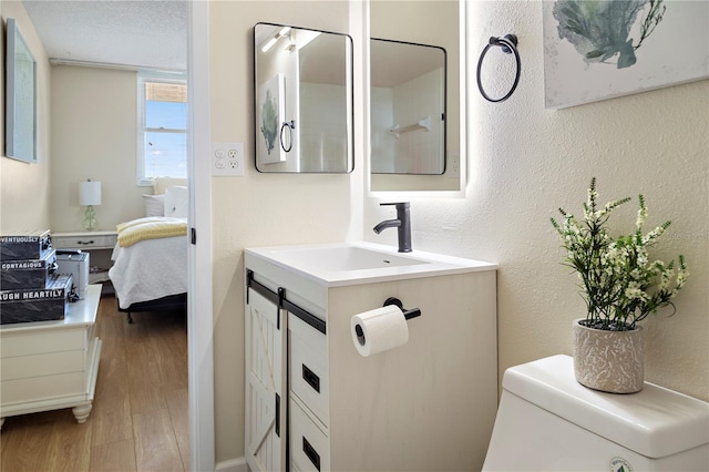 bathroom with wood-type flooring, vanity, toilet, and a textured ceiling