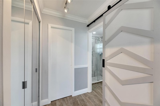 hallway featuring ornamental molding, light wood-type flooring, and a barn door