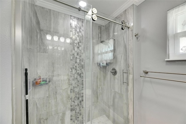 bathroom featuring walk in shower and crown molding