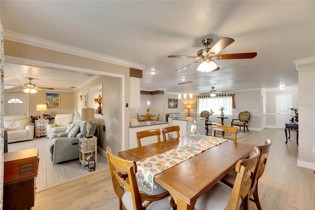 dining space featuring light hardwood / wood-style floors, ornamental molding, and ceiling fan