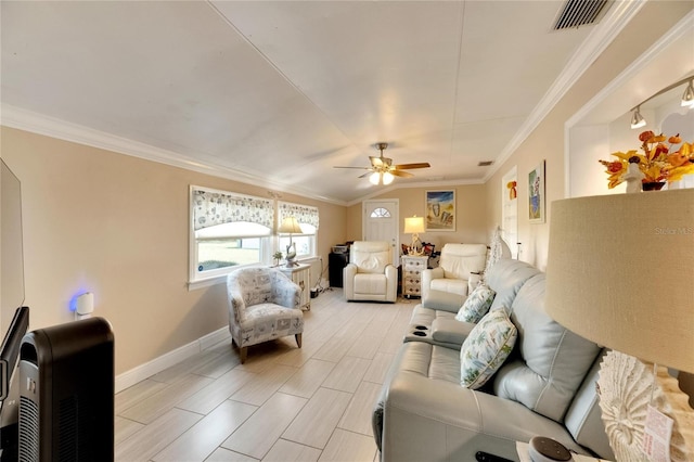 living room featuring ornamental molding, vaulted ceiling, and ceiling fan