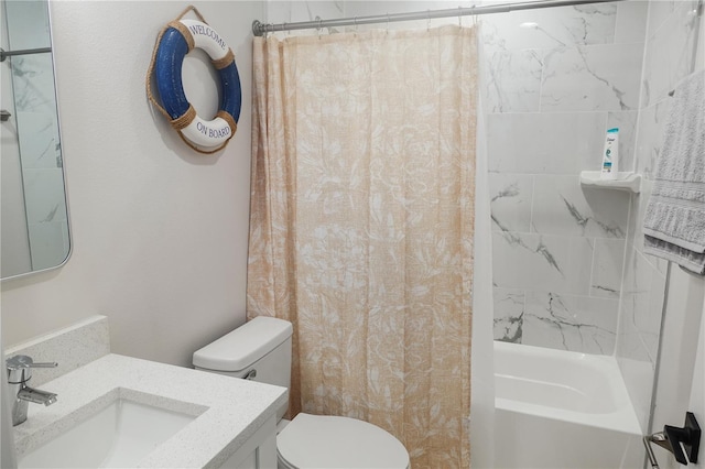 full bathroom with shower / bathtub combination with curtain, vanity, and toilet