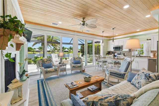 living room with ceiling fan, wood ceiling, light wood-type flooring, and sink