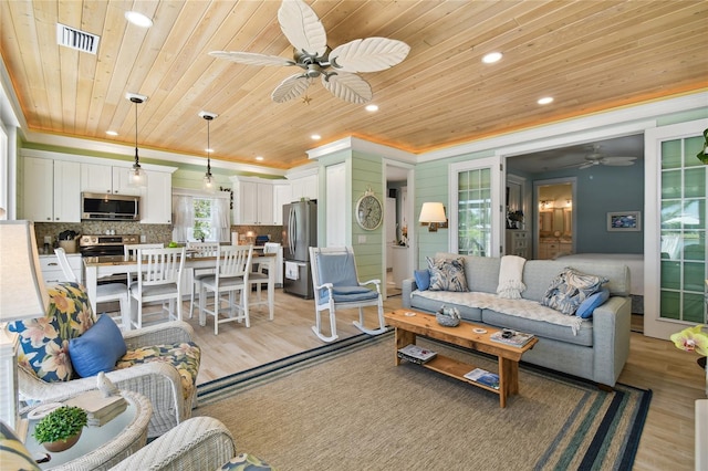 living room featuring wood ceiling, ceiling fan, and light hardwood / wood-style flooring